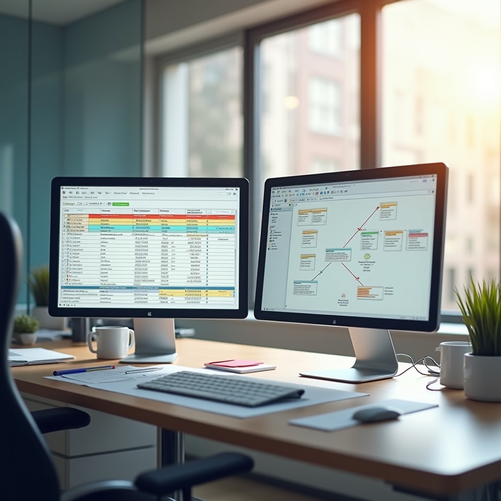Birou cu multiple monitoare afișând tabele de date și grafice de analiză