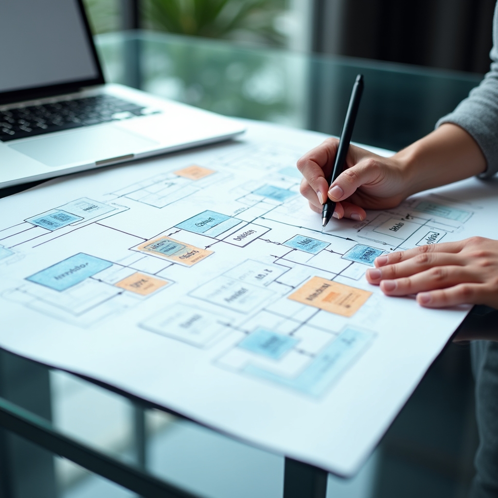 Ecran cu diagrama surselor de date ale unei companii, linii de conexiune vizibile